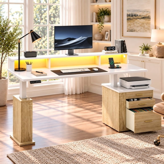 Electric Glossy Standing Desk with Power Outlets & RGB Light, Sit Stand Computer Desk with Drawers & Storage Hutch, Oak & White