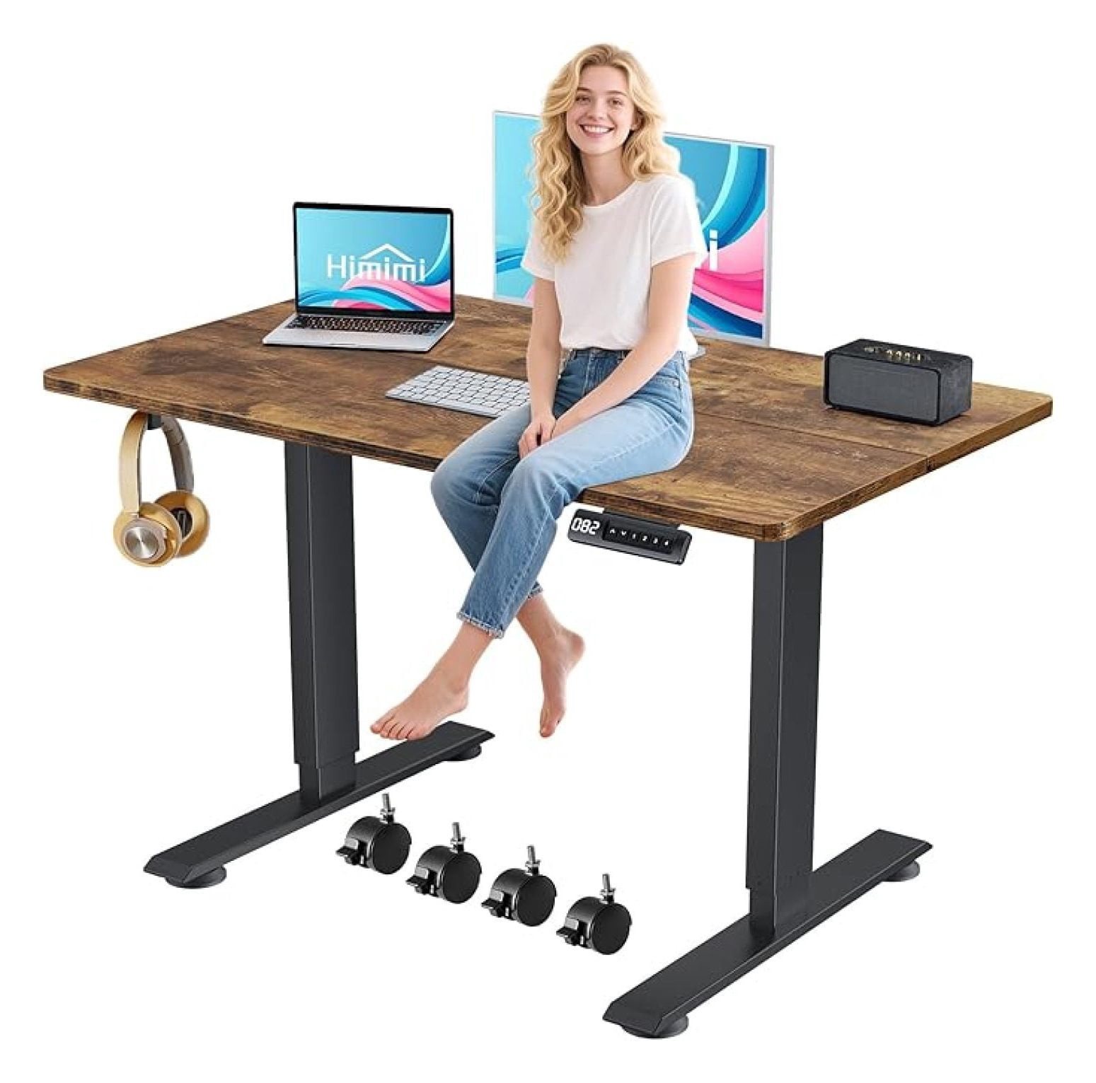 Electric Standing Desk x 24 inch for Home Office,Sit-Stand Adjustable Desk with Memory Presets,Height Adjustable Desk for Gaming/Working,Free Hook, Lockable Wheels,Brown