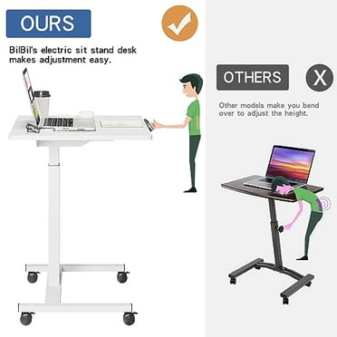 Electric Standing Desks with Lockable Wheels, 32 * 24 inch Height Adjustable Sit to Stand Desk, Overbed Laptop Table Desk, Mobile Rolling Desk, Portable Work Table for Home & Office, White