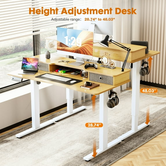 Electric Standing Office Desk, Height Adjustable Computer Desk Workstation with Double Drawers, Display Bracket, Stainless Steel Frame and T-Shaped Legs