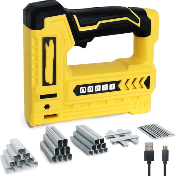 Electric Staple Gun, 5 in 1 Cordless Staple Gun for Upholstery with 1200 5/16" Staples, 600 1/2" U-Shape Staples, 600 19/32 pin Nails, 60019/32 Nails and 1 USB Charger Cable