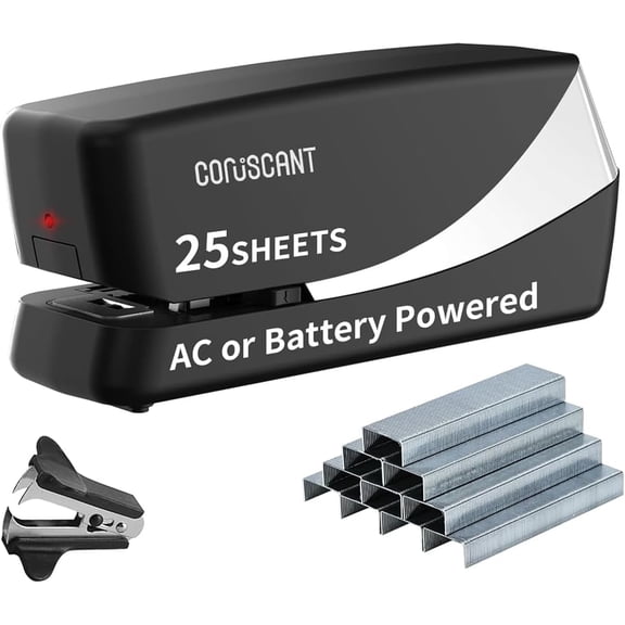 Electric Stapler, No Jam Easy Reload, 25 Sheet Automatic Staplers for Desk, with 2000 Staples and 1 Staple Remover, Electric Desktop AC or Battery Powered for Classroom Office Home