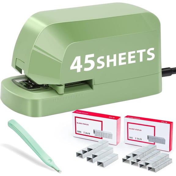 Electric Stapler for Desk Value Pack, 45 Sheet Capacity, Includes 1500 & Staple Remover, No-Jam, Stapling, AC Adapter , Saga Green