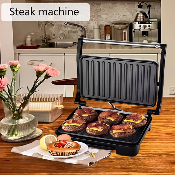 Electric Steak Machine & Panini Press - Heavy-Duty Aluminum Grill with Non-Stick Surface, 180 Opening, for Steak, Burger, Sandwich, Sausage, Breakfast - Ideal for Home, Restaurants