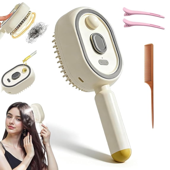 Electric Steam Brush for Hair, Electric Spray Air Cushion Comb for Women, Anti-Static Hot Steam Hair Brush for Smoothing, Reduce Frizz, Smooth & Nourish, for Both Long and Short Hairs (Beige)