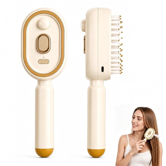 Electric Steam Brush for Hair, Electric Spray Air Cushion Comb for Women, Rechargeable Water Spray Hair Brush, Anti-Static Detangling Massage Brush, Reduce Frizz, Smooth & Nourish Hair Beige