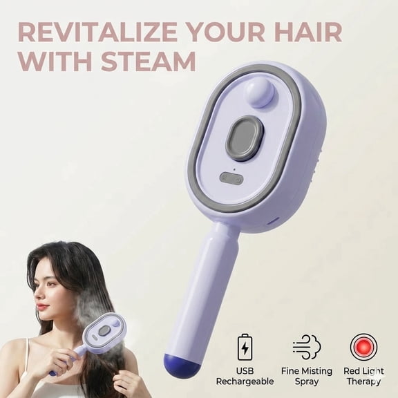 ZHPKMN Electric Steam Brush for Hair with Red Light Therapy and Anti-Frizz Misting for Portable Home Spa(Purple)