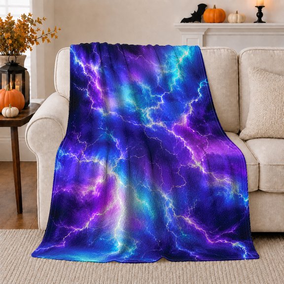 Electric Storm Lightning Design, Festive autumn celebration Scene, Warm Flannel Blanket for Living Room and Family Room with Detailed Artwork, Art Lovers autumn celebration Gift, Festive Home Decor