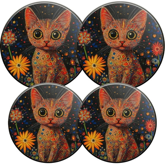 Electric Stove Burner Covers,4 Pcs Round Gas Burner Cover,8 and 10 Inch,Pointillism - inspired Cat and Flowers