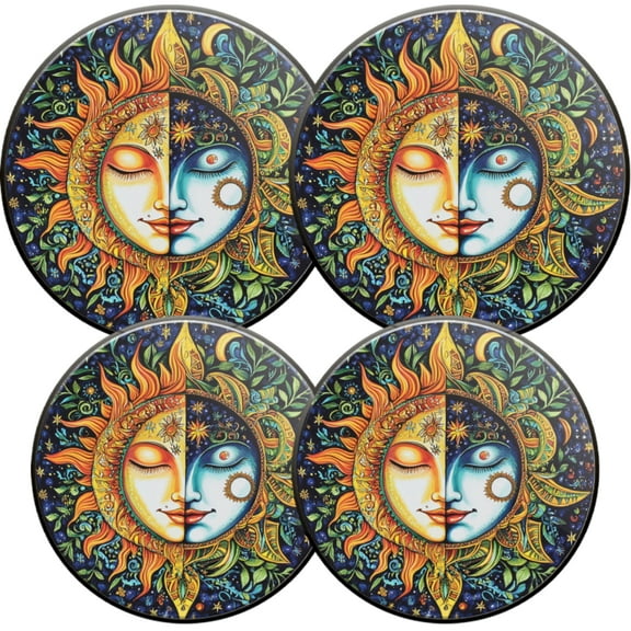 Electric Stove Burner Covers,4 Pcs Round Gas Burner Cover,8 and 10 Inch,circular design with sun and moon face