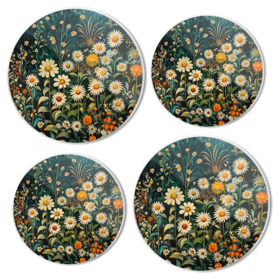 Electric Stove Burner Covers Set of 4 for Range Accessories, White Daisies And Yellow Marigolds In Wild Gas Metal Cover for Expanding Counter Space Stovetop Decor