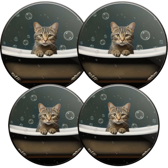 Electric Stove Burner Covers, Set of 4, Round Burner Cover,8 and 10 Inch,Adorable Cat Sitting in The Bathtub And Bubbles Floating Around