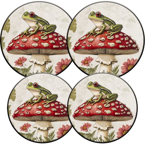 Electric Stove Burner Covers, Set of 4, Round Burner Cover,8 and 10 Inch,Cute_Frog_Sitting_On_Top_Of_Amanita_Muscaria_Mushroom