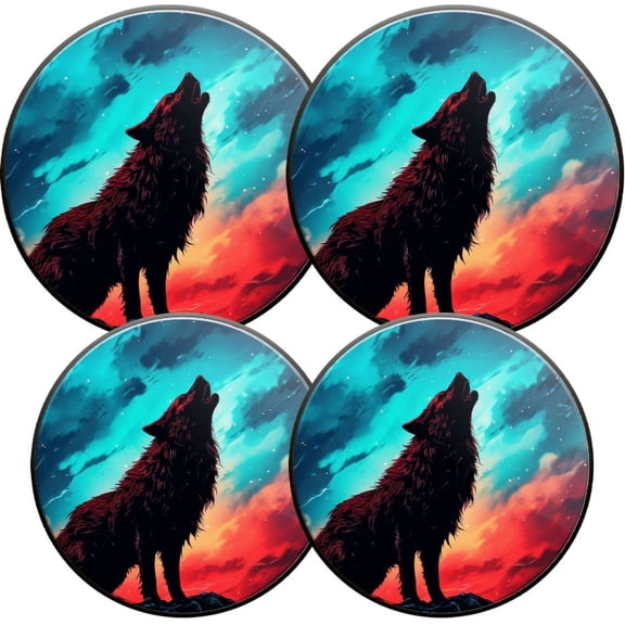 Electric Stove Burner Covers, Set of 4, Round Burner Cover,8 and 10 Inch,Howling Wolf with Sky Full of Aurora Borealis Colors