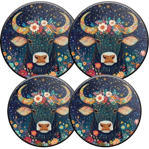 Electric Stove Burner Covers, Set of 4, Round Burner Cover,8 and 10 Inch,Stunning Taurus Zodiac Sign Circular Design with Floral And Boho Elements