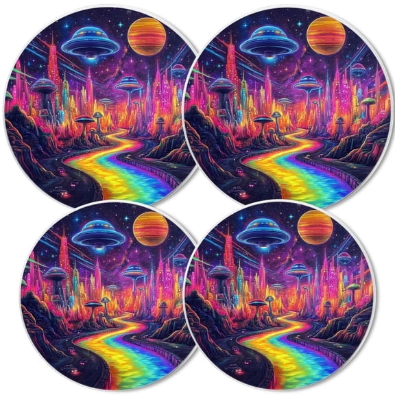 Electric Stove Burner Covers, Set of 4,White Round Cover for Gas Stovetop,8 and 10 Inch,Alien Planet with Colorful Rainbow Waterfalls