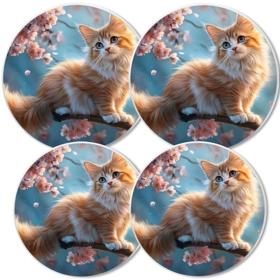 Electric Stove Burner Covers, Set of 4,White Round Cover for Gas Stovetop,8 and 10 Inch,Cute Cat with Fluffy Fur and Long Tail