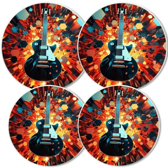 Electric Stove Burner Covers, Set of 4,White Round Cover for Gas Stovetop,8 and 10 Inch,Red and Black Guitar with Energy Grid Background