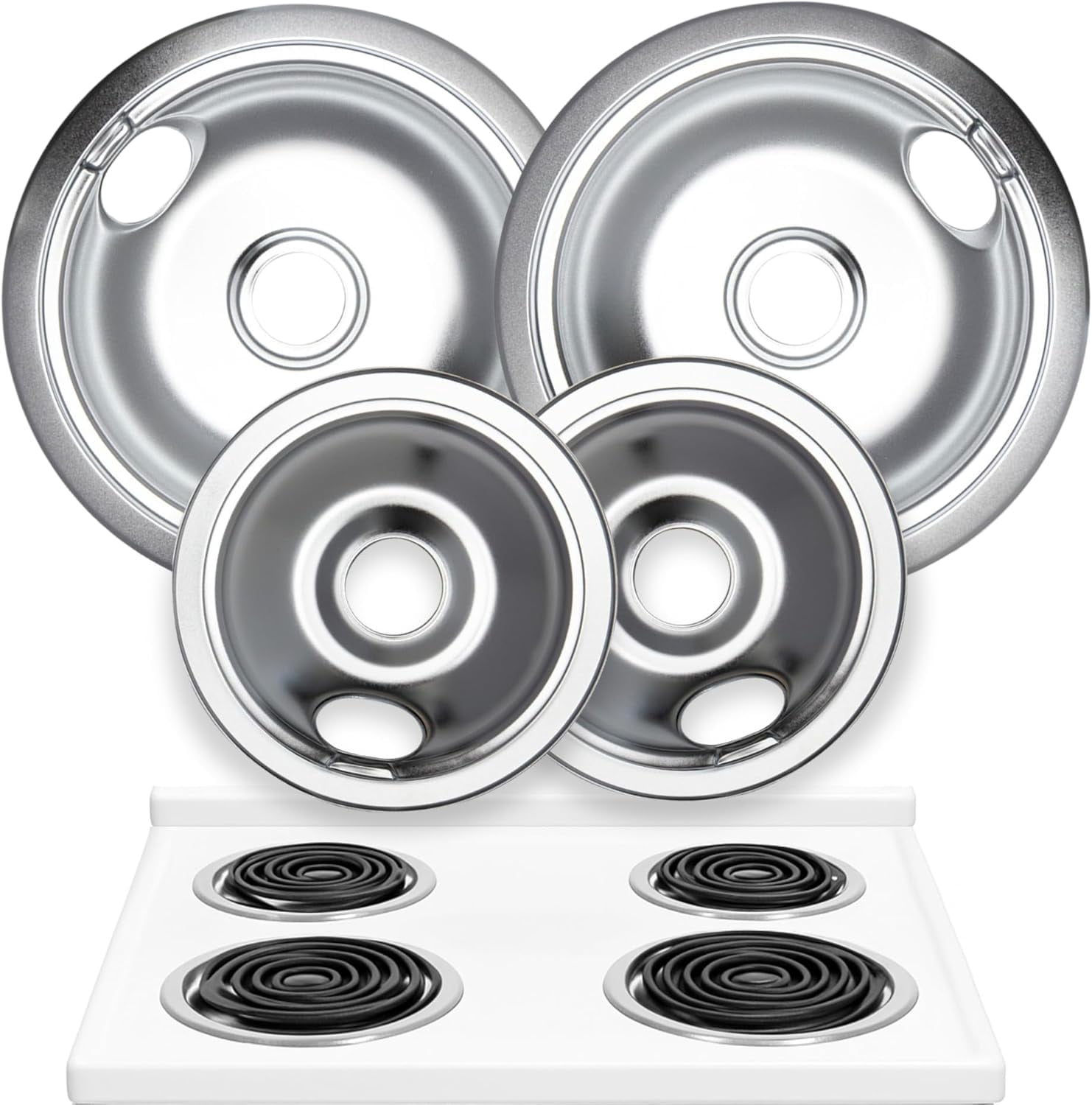 Electric Stove Drip Pans Set of 4 (2 x 6-Inch & 2 x 8-Inch) Replacement Stove Drip Pans for Electric Stove Compatible with Frigidaire, Kenmore, Tappan & More - Stove Burner Drip Pan Replacements
