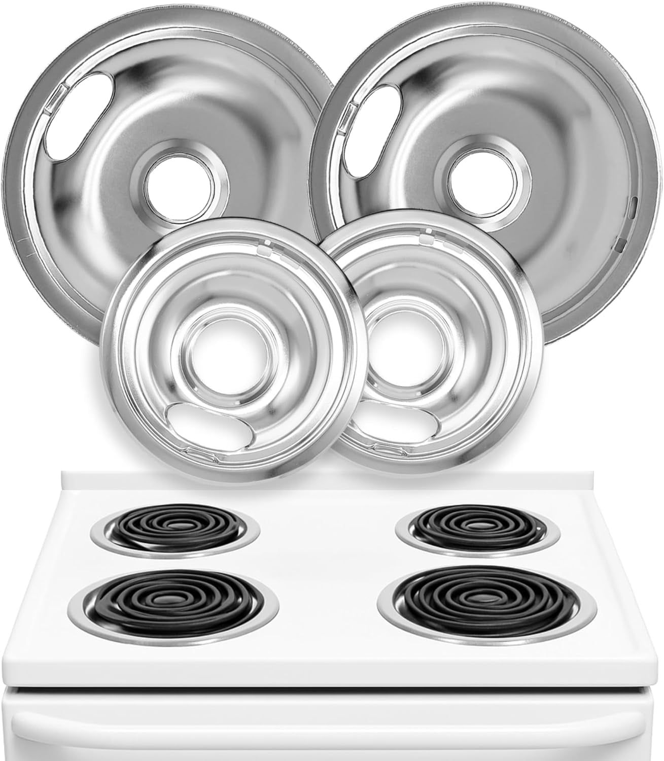 Electric Stove Drip Pans Set of 4 (2 x 6-Inch & 2 x 8-Inch) Stove Drip Pans for Electric Stove for Whirlpool, Maytag, KitchenAid & More - Compatible with W10196405 & W10196406 Stove Burner Drip Pan