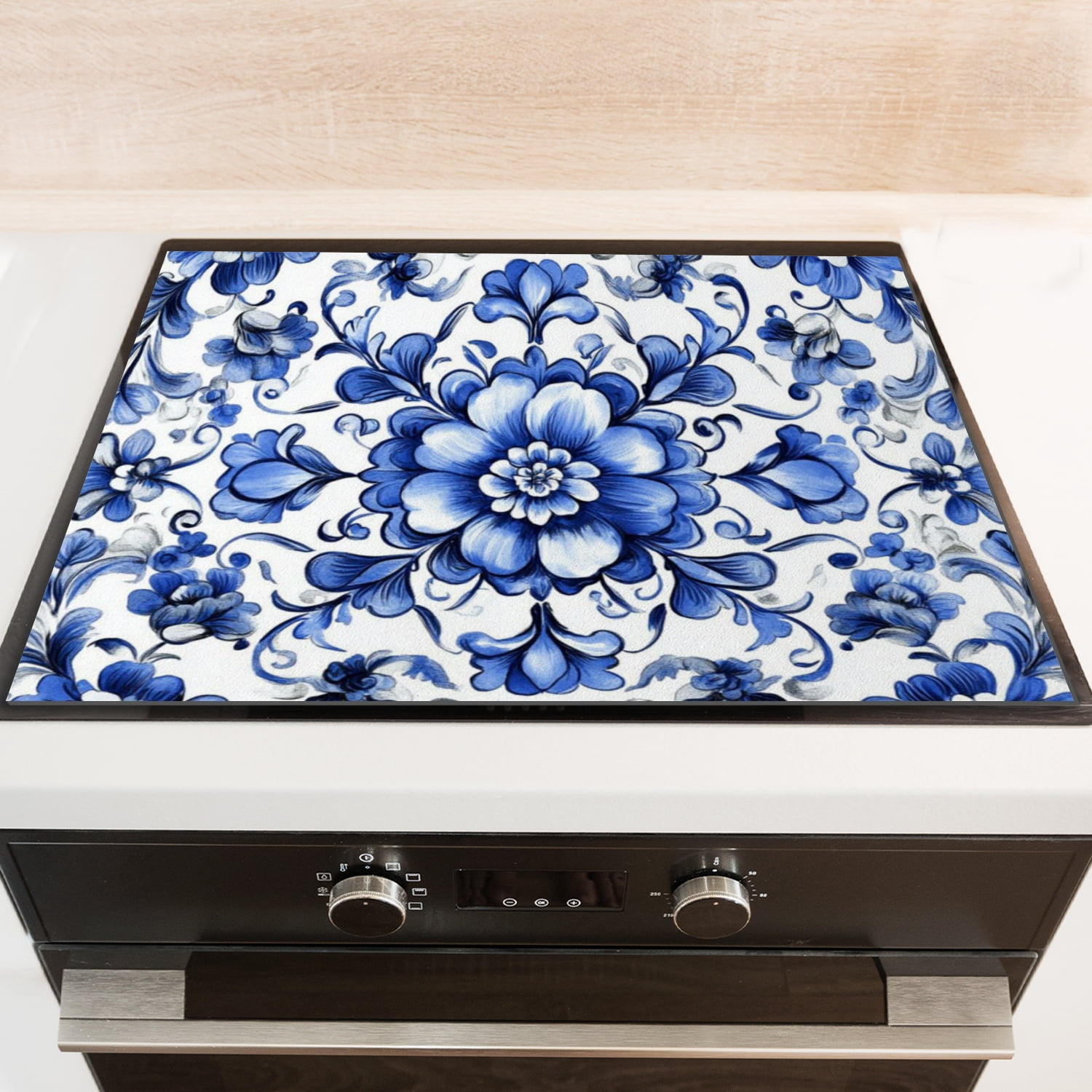Electric Stove Top Cover, Blue White Acanthus Leaves Kitchen Cooktop Induction Protector, Square Foldable Stove Cover Mat for Kitchen RV (28×20 Inch)
