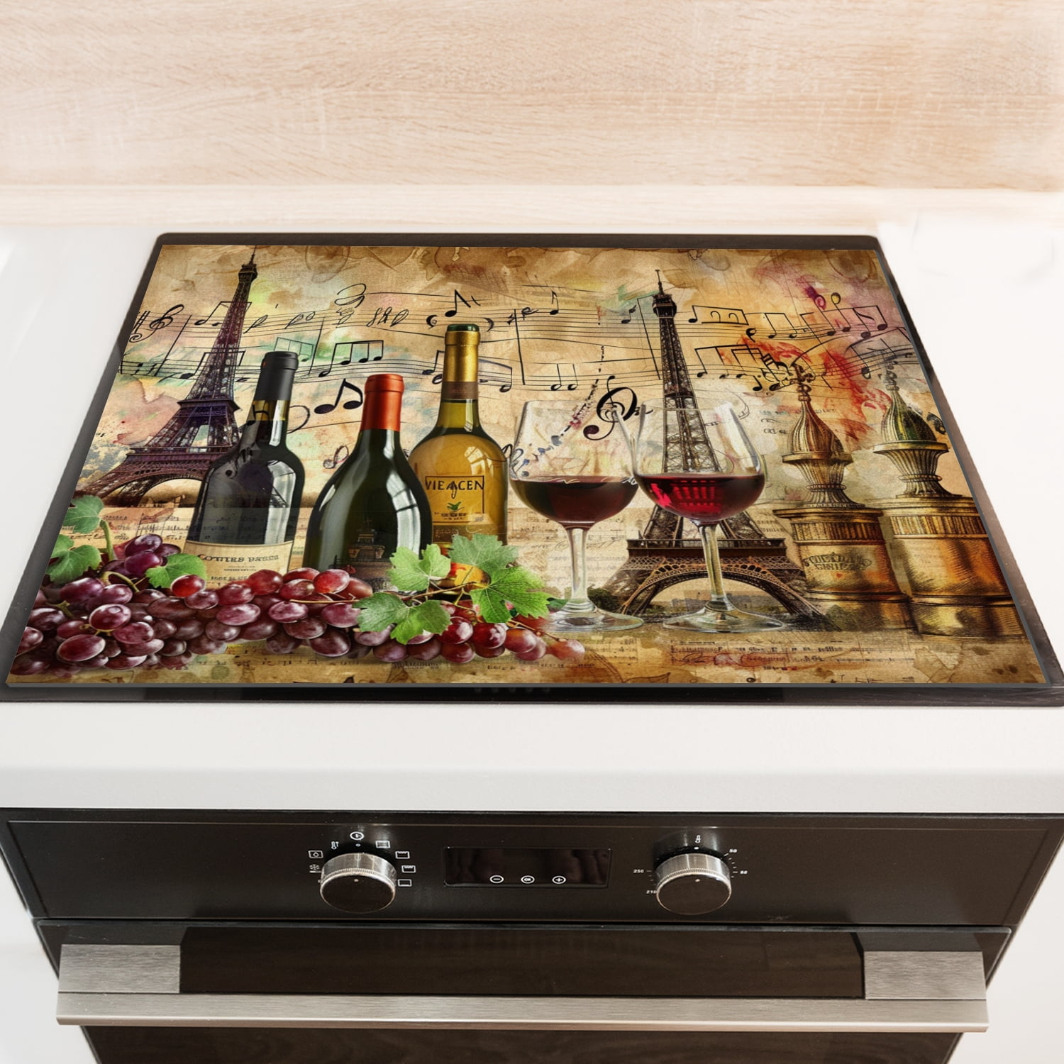 Electric Stove Top Cover, Eiffel Tower With Bottles Of Wine, Induction Cooktop Cover, Decorative Stove Mat for Kitchen RV (28×20 Inch)
