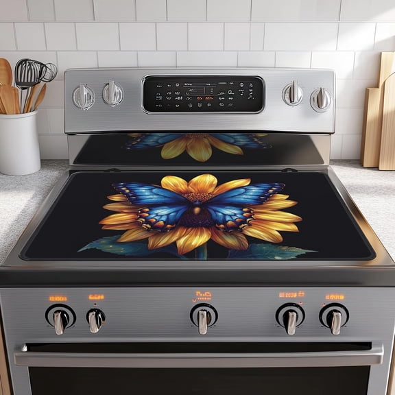 Electric Stove Top Cover,Fantasy Butterfly Sunflower Heat Resistant Rubber Glass Ceramic Stovetop Protector Mat, Rubber Dish Drying Mat 28.5'''' x 20.5''''