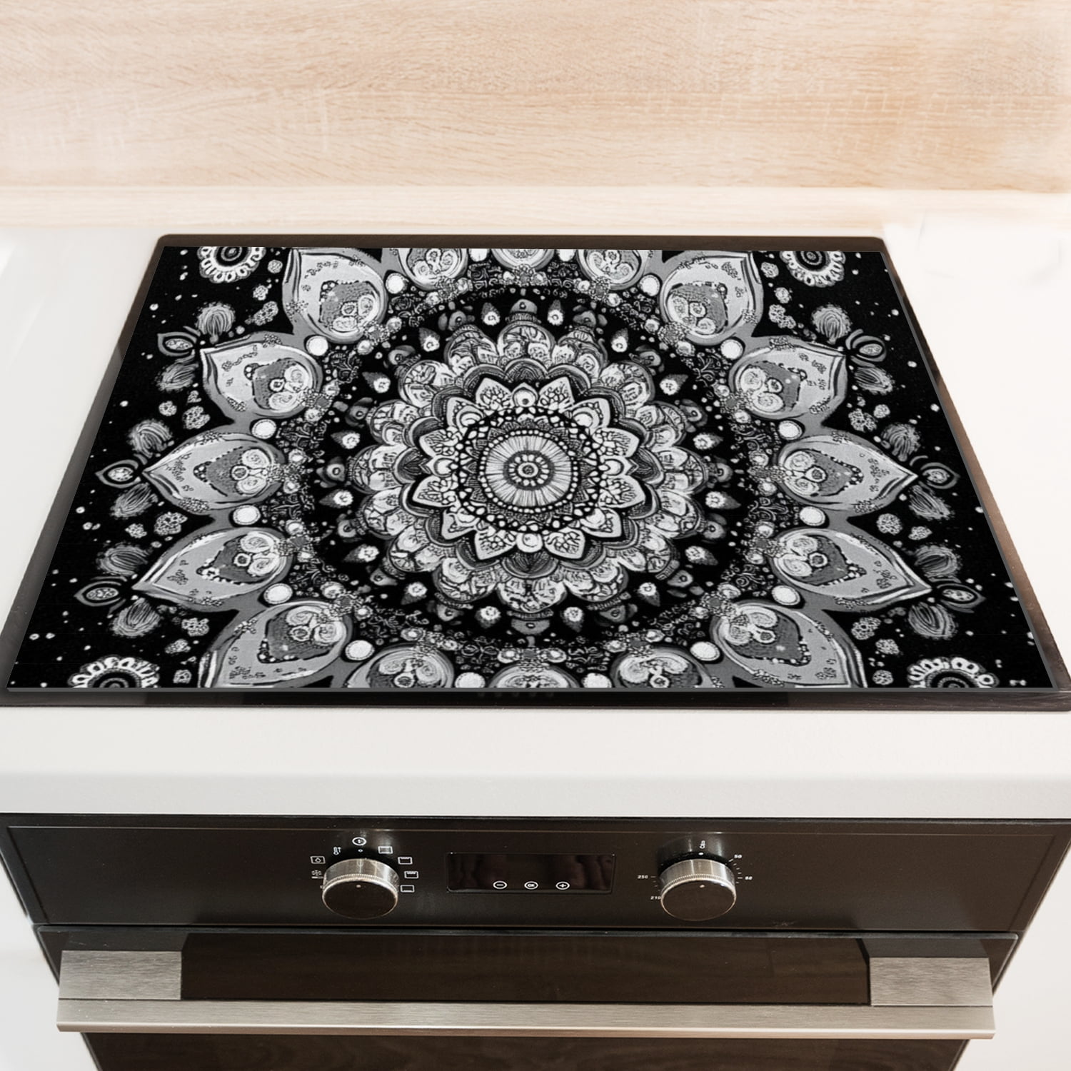 Electric Stove Top Cover Protector, Monochrome Mandala With Ornate Floral Print Heat Resistant Glasstop Protector Stove Mat, Square Stovetop Pad for Kitchen RV (28×20 Inch)