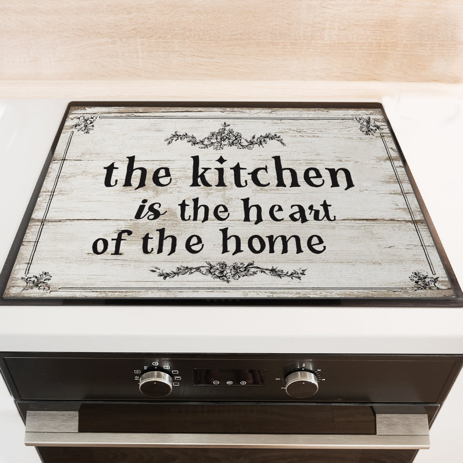 Electric Stove Top Cover Protector, Rustic Wood Style The Kitchen is The Heart of The Home Print Diatomite Glasstop Protector, Square Waterproof Stovetop Mat for Kitchen RV (28×20 Inch)