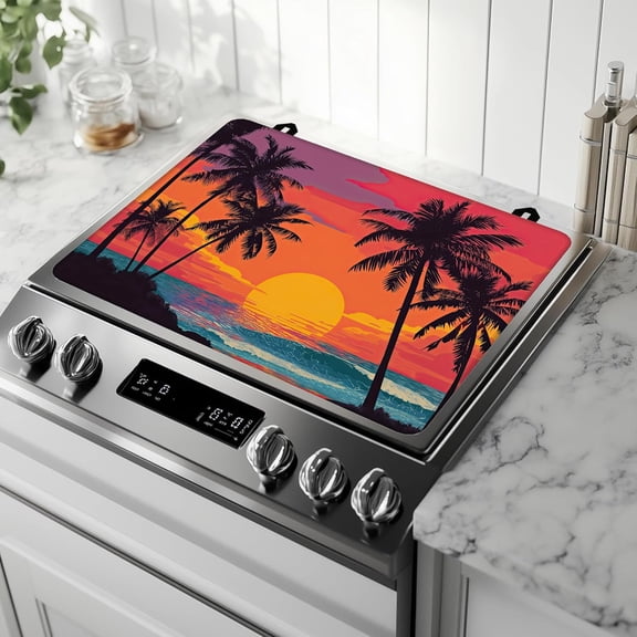 Electric Stove Top Cover Protector,Tropical Palm Tree Sunset Heat Resistant Glass Top Stove Oven Induction Cooktop Mat with Rubber for Kitchen Top Covers 28.5“ x 20.5“