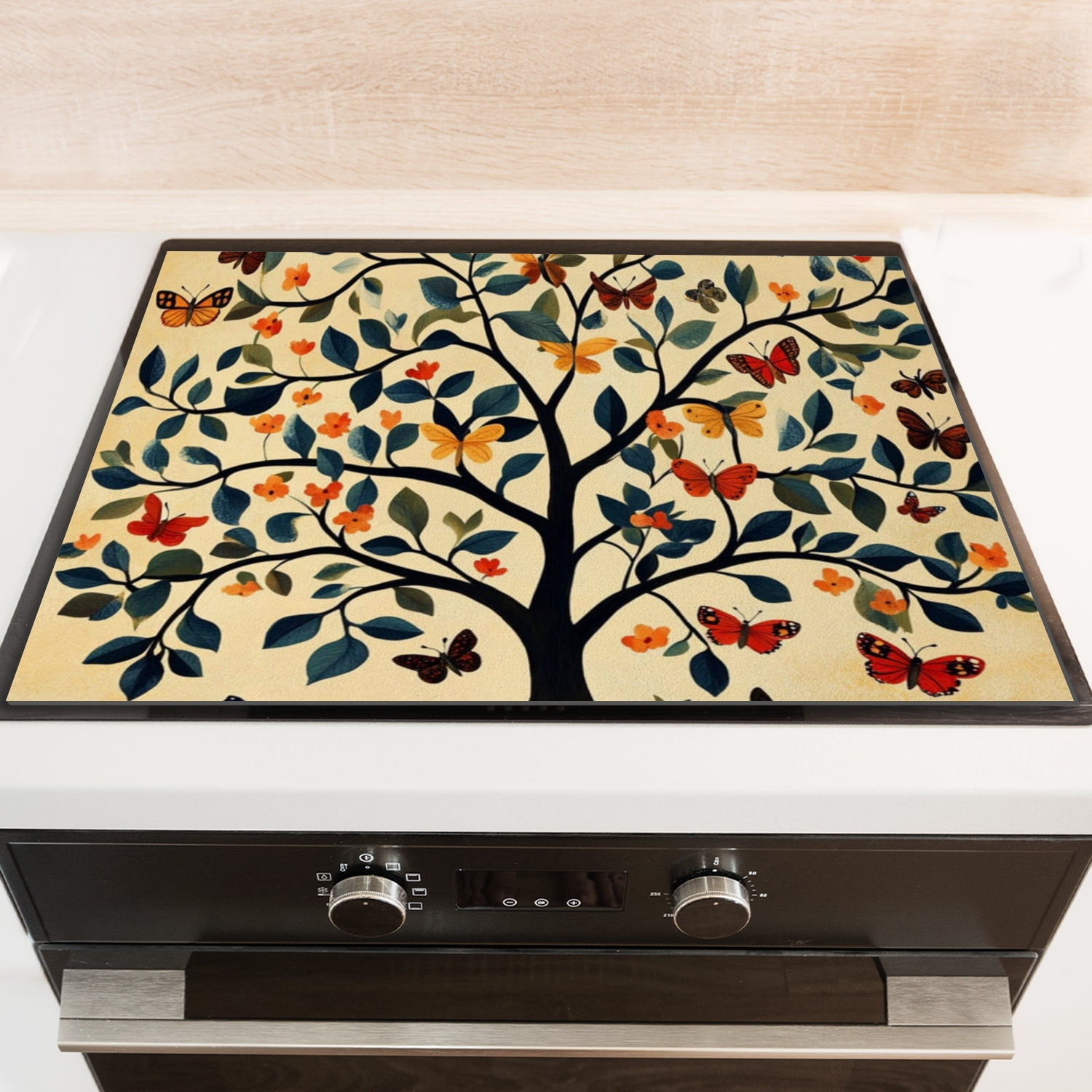 Electric Stove Top Covers, Tree and Butterfly Glass Cooktop Cover Protector, Non-Slip Heat Resistant Range Cooktop Cover Mat for Kitchen RV (28×20 Inch)