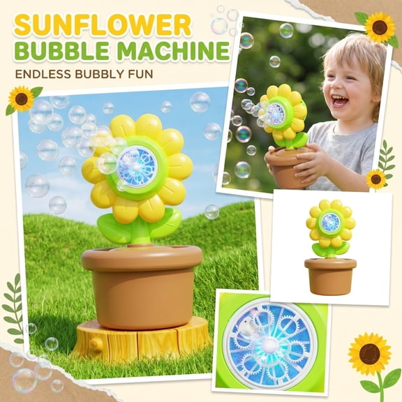 Electric Sunflower Bubble Blowing Machine with LED Lights and Music, Complete Set with Bubble Solution and Battery for Outdoor Parties and Backyard Fun (Yellow)