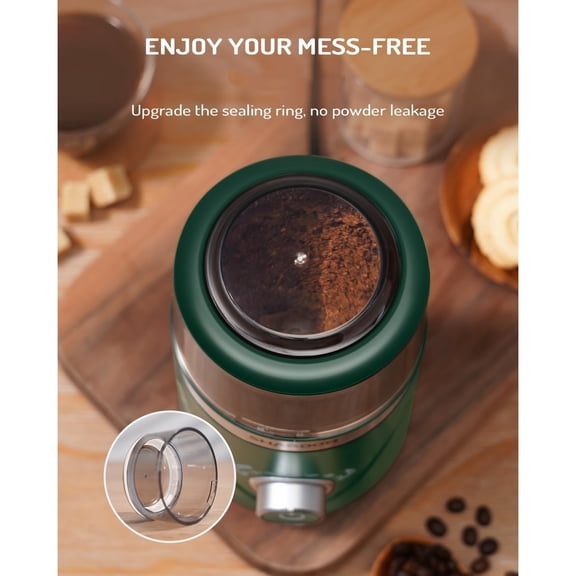 Electric Super Silent Blade Coffee Grinder, Timed Grind Control Rotary Knob, Adjustable Coarse to Fine for Coffee Beans, Spices & Herbs, with 1 Removable Stainless Steel Bowl, Green