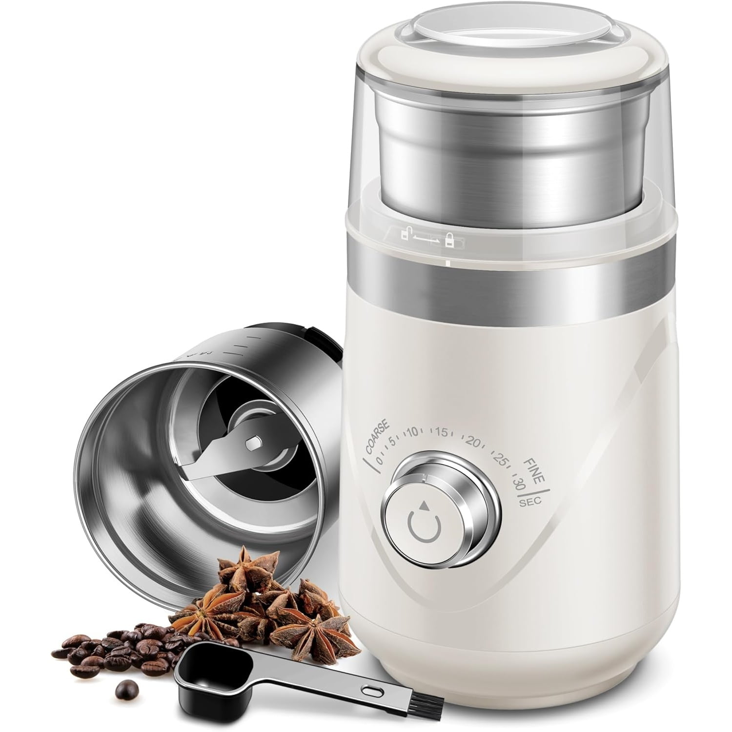 Electric Super Silent Blade Coffee Grinder, Timed Grind Control Rotary Knob, Adjustable Coarse to Fine for Coffee Beans, Spices & Herbs, with 1 Removable Stainless Steel Bowl, Cream