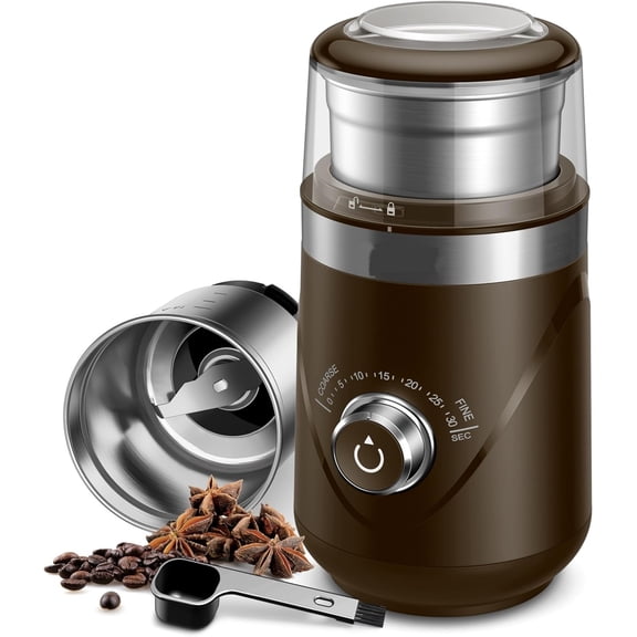 Electric Super Silent Blade Coffee Grinder, Timed Grind Control Rotary Knob, Adjustable Coarse to Fine for Coffee Beans, Spices & Herbs, with 1 Removable Stainless Steel Bowl, Brown