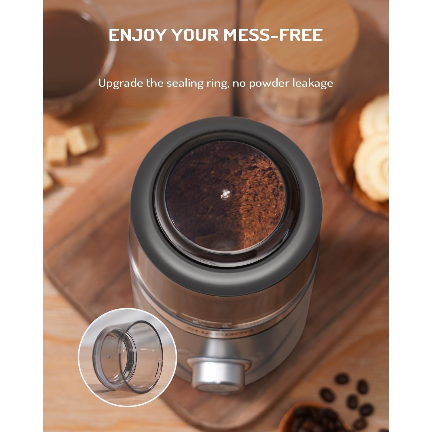 Electric Super Silent Blade Coffee Grinder, Timed Grind Control Rotary Knob, Adjustable Coarse to Fine for Coffee Beans, Spices & Herbs, with 1 Removable Stainless Steel Bowl,Light Gray