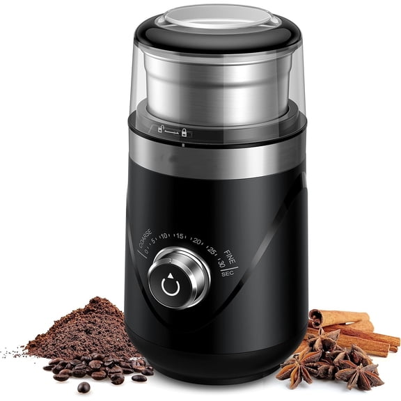 Electric Super Silent Blade Coffee Grinder, Timed Grind Control Rotary Knob, Adjustable Coarse to Fine for Coffee Beans, Spices & Herbs, with 1 Removable Stainless Steel Bowl, Black
