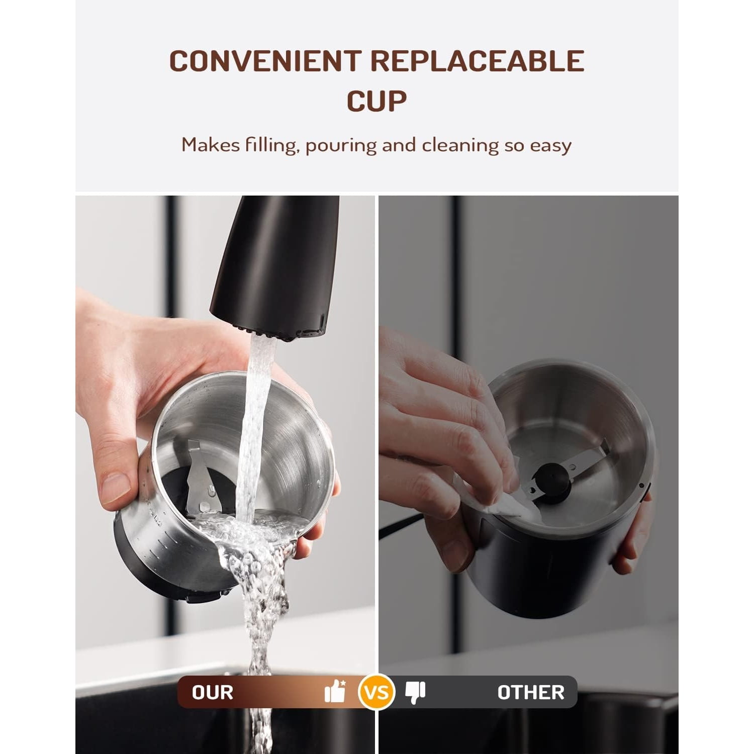 Electric Super Silent Blade Coffee Grinder, Timed Grind Control Rotary Knob, Adjustable Coarse to Fine for Coffee Beans, Spices & Herbs, with 1 Removable Stainless Steel Bowl, Brown