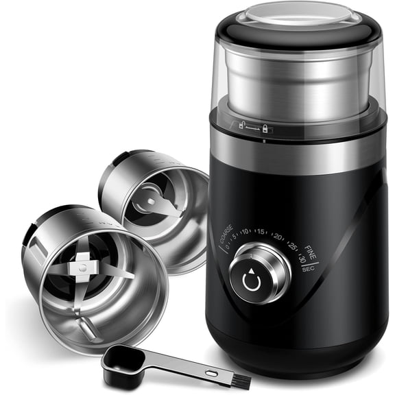 Electric Super Silent Blade Coffee Grinder, Timed Grind Control Rotary Knob, Adjustable Coarse to Fine for Coffee Beans, Spices & Herbs, with 2 Removable Stainless Steel Bowl, Black