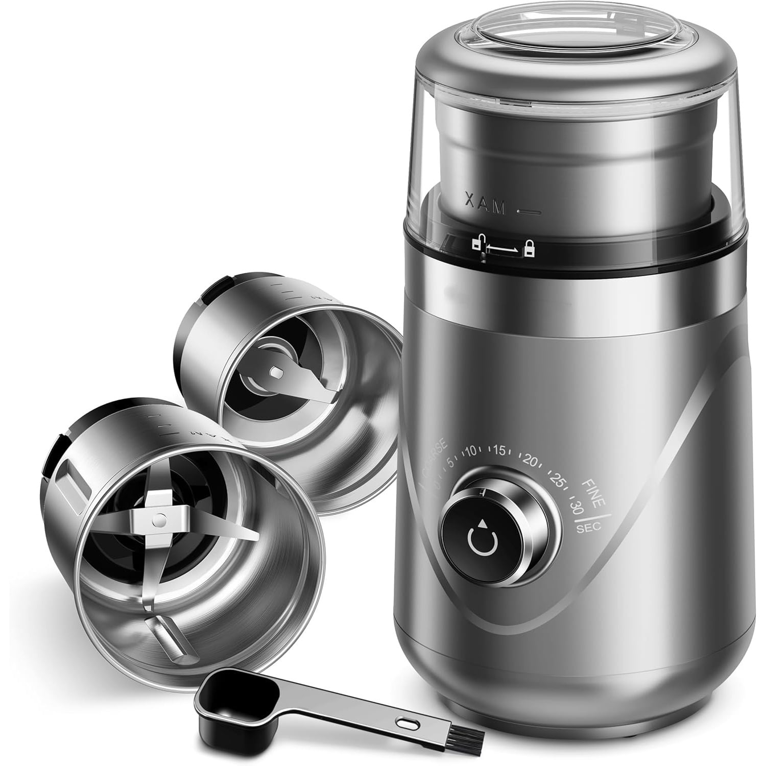 Electric Super Silent Blade Coffee Grinder, Timed Grind Control Rotary Knob, Adjustable Coarse to Fine for Coffee Beans, Spices & Herbs, with 2 Removable Stainless Steel Bowl, Silver