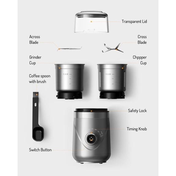 Electric Super Silent Blade Coffee Grinder, Timed Grind Control Rotary Knob, Adjustable Coarse to Fine for Coffee Beans, Spices & Herbs, with 2 Removable Stainless Steel Bowl, Silver