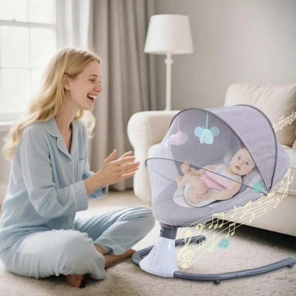 Electric Swing, Portable Baby Swing with Bluetooth Music, 4 Sway Speeds, 12 Lullabies, USB Plug, Grey