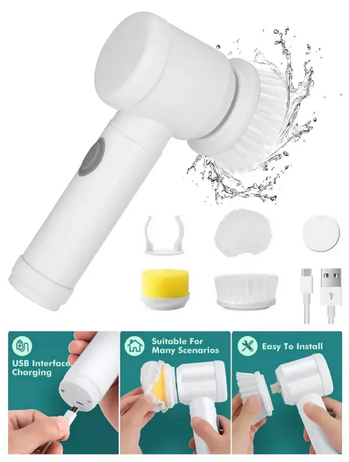 Electric Swivel Brush with 3 Brush Heads, Rechargeable Power Bathroom Shower Scrubber, Electric ...