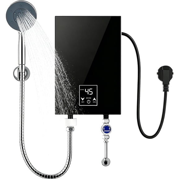 Electric Tankless Water Heater,3500W Instant Hot Water Heater with Handheld Shower Head and Hose Set,IPX4 wateproof and LED Temperature Display for Bathroom Kitchen,Black