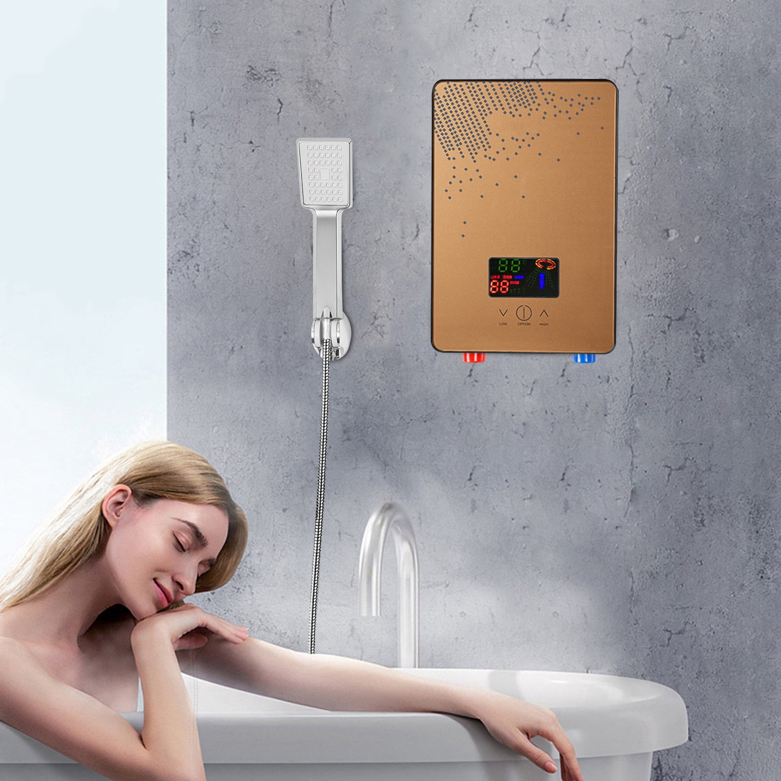 Electric Tankless Water Heater 4500w Residential Instant Mini Water Heater Electric Instant Hot Water Heater Color Screen Host with Shower Adjustable Golden for Kitchens Bathrooms Restaurants