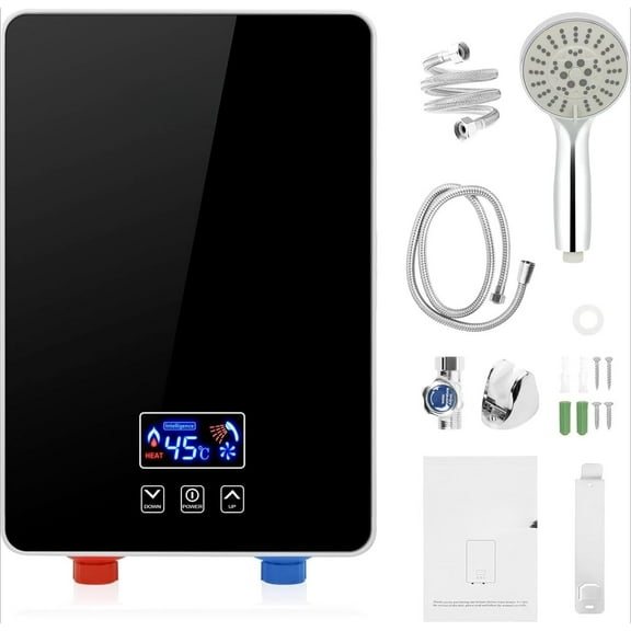 Electric Tankless Water Heater, Instant Hot Water Heater with Handheld Shower Head and Hose Set,  Touch Screen Switch Adjustable Temperature for Bathroom Kitchen