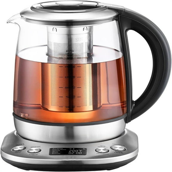 Electric Tea Kettle Borosilicate Glass Tea Maker With Temperature Control and Infuser - LCD Display and Preset Brewing Programs - 1.7 Liter Water Boiler