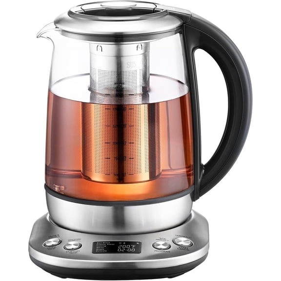 Electric Tea Kettle Borosilicate Glass Tea Maker With Temperature Control and Infuser - LCD Display and Preset Brewing Programs - 1.7 Liter Water Boiler
