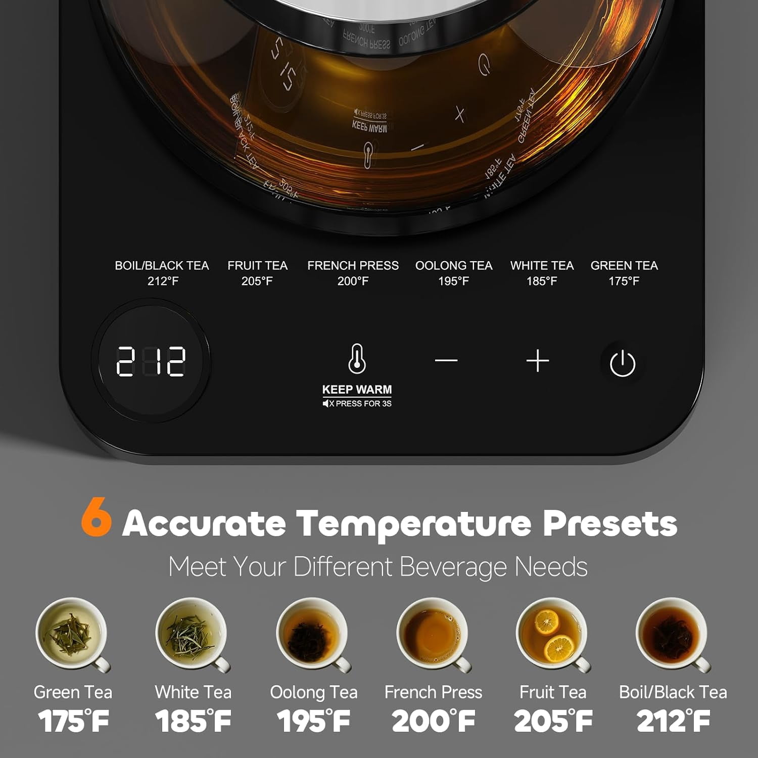 Electric Tea Kettle with Infuser 1.7L Glass Temperature Control Automatic Shut Off Warm for Tea Coffee Water Black
