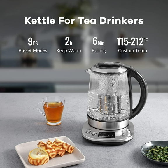 Electric Tea Kettle with Removable Infuser, 9 Preset Brewing Programs, Temperature Control, 2 Hours Keep Warm, Borosilicate Glass, 1.7 Liter, 1200W